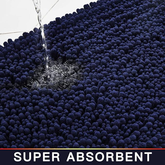 Walensee Bathroom Rug Non Slip Bath Mat (24x17 Inch Navy) Water Absorbent Super Soft Shaggy Chenille Machine Washable Dry Extra Thick Perfect Absorbant Best Small Plush Carpet for Shower Floor