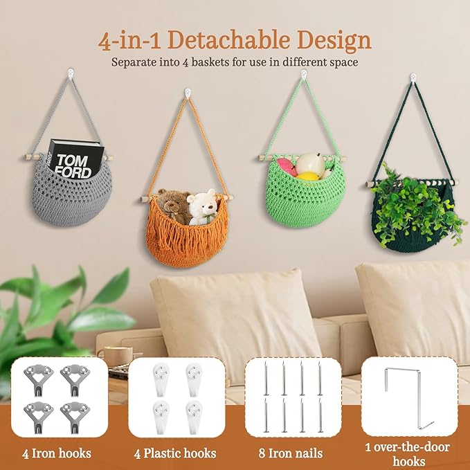 4 Tier Hanging Fruit Basket for Kitchen, 4 Pack Detachable Cotton Crocheted Wall Hanging Basket Over Door Organizer for Fruit Veggie Plant, Hanging Shelves for Bedroom Bathroom (Mixed Color)