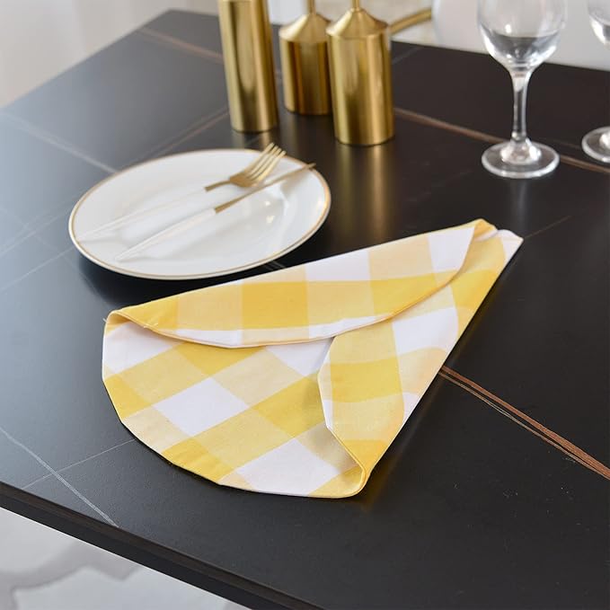 Yellow & White Cotton Buffalo Check Round Placemat, Set of 4, 15 Inch eco-Friendly Fabric Handcrafted Machine Washable Indoor & Outdoor Tablemat
