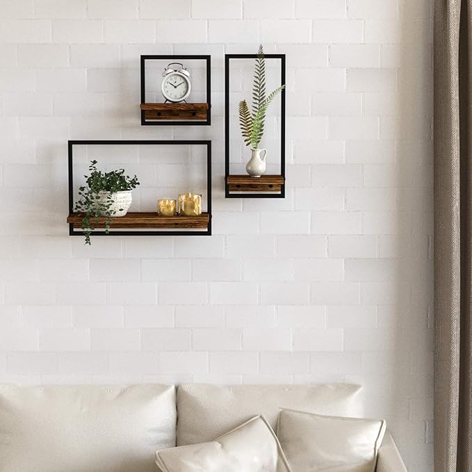 Metal Frame Rustic Wooden Floating Hanging Shelves, Home Decor Wall Mounted Display Organizing Shelf for Living Room, Bedroom, Office Bathroom. Set of 3