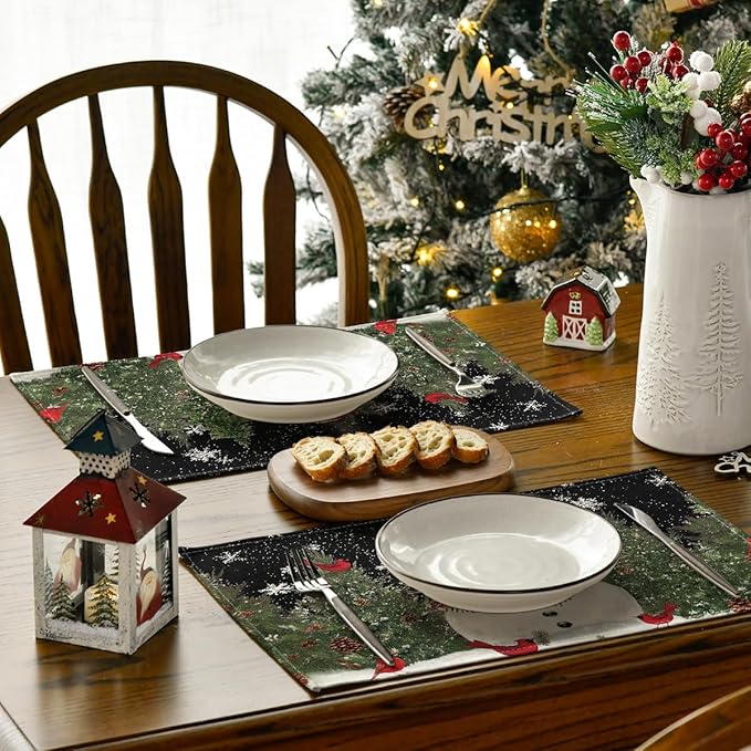 Artoid Mode Snowman Trees Blue Christmas Placemats for Dining Table, 12 x 18 Inch Seasonal Black Winter Birds Xmas Holiday Washable Table Mats Set of 6