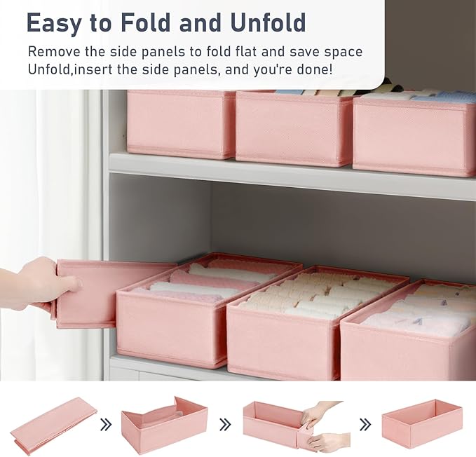DIMJ Drawer Organizer Clothes - Underwear Organizer Closet Organizers and Storage Box Dresser Organizer,Drawer Dividers for Baby Clothes,Bra,Socks, Belt, Tie, Set of 6,Pink