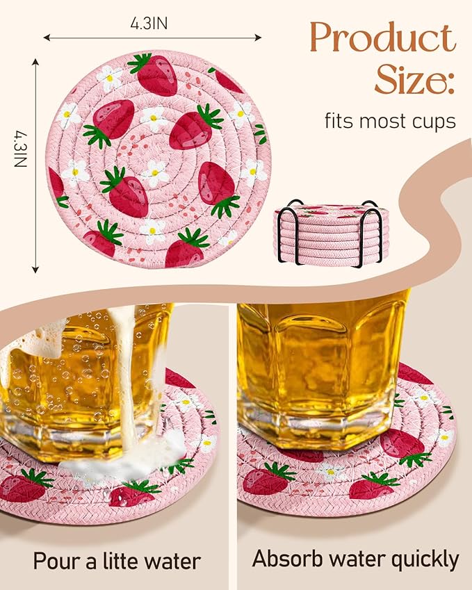 Cup Coasters for Drinks Absorbent - for Coffee Wooden Table Office Cute Farmhouse Outdoor Rustic Desk Kawaii Woven Women Kids Soft Cloth Braided Fabric Strawberry Coaster Set of 6 with Holder