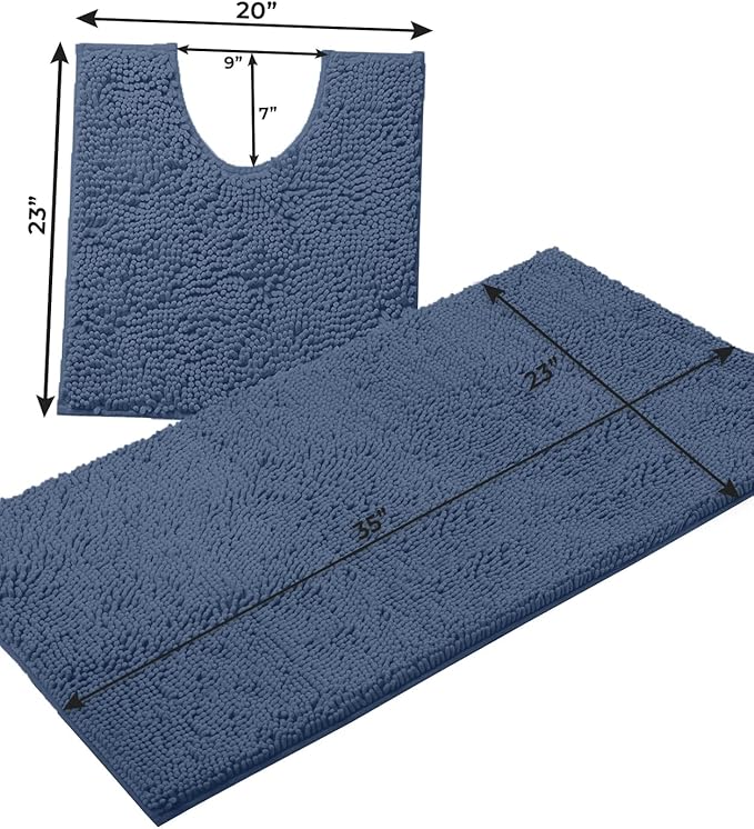 Bathroom Rugs Sets 2 Piece, Luxury Chenille Bath Mat Set, Soft Plush Anti-Slip Bath Rug + U-Shaped Toilet Mat. Microfiber Shaggy Carpet, Super Absorbent (24” x 36” & 20” x 24” U, Medium Blue)