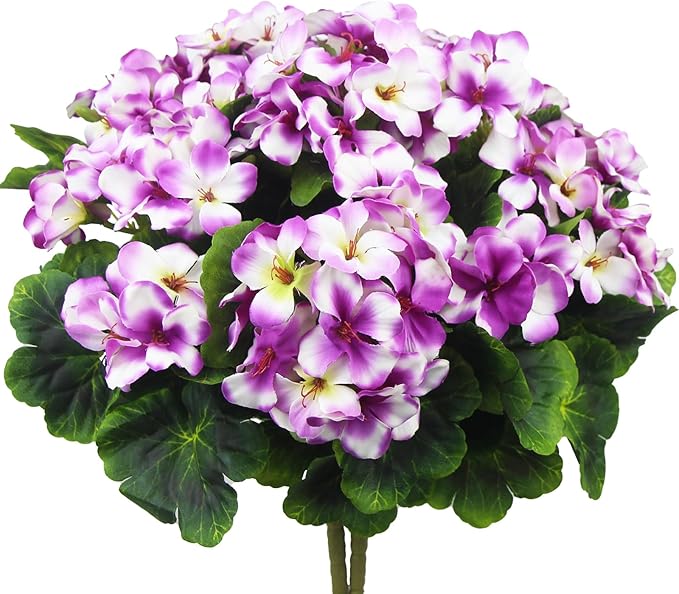 2 Pcs Artificial Geraniums for Outdoor Silk Geranium Flowers Purple Artificial Geranium Bush Faux Flowers Geraniums Branch for Garden Patio Cemetary Vase Table Centerpiece Indoor Decor
