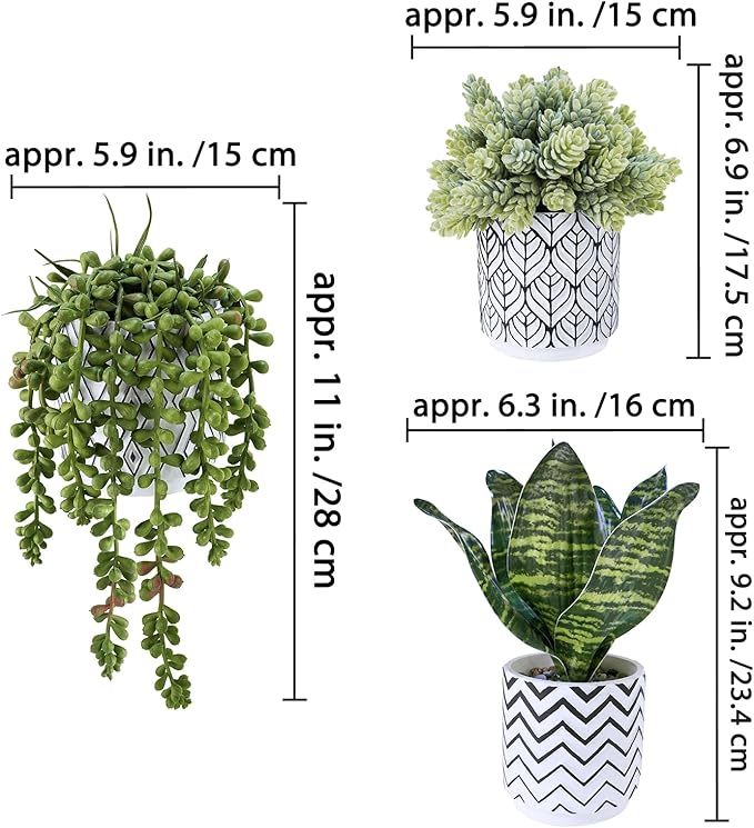 Winlyn Set of 3 Artificial Potted Succulent Plants Faux Snake Plant Hops String of Pearls in Black White Geometric Planter Small Fake Desk Plants for Kitchen Bathroom Shelf Desk Table Windowsill Decor