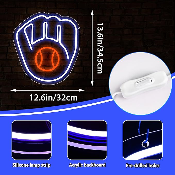 Baseball Team Neon Sign for Wall Decor Led Light Up Sign for Man Cave Bedroom Gifts for Baseball Fans 5V USB Powered Size 13.3 * 12.6inch(ZYLD140)