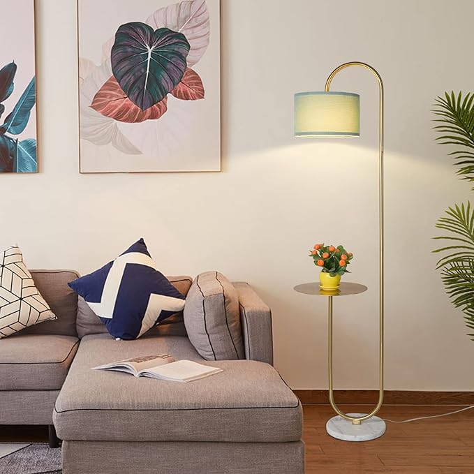 Hsyile KU300272 Arc Floor Lamp with Hanging Drum Shade for Living Room-Marble Base Modern Tall Stand Up Light with Table, Contemporary Over The Couch Gold Lamp Standing Lamps for Bedroom Office