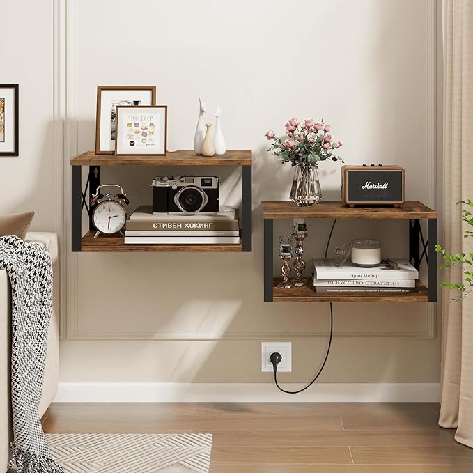 Homode Floating Nightstand, Wood Floating Bedside Table with Cable Hole, 2 Tier Wall Mounted Nightstand, Hanging Night Stand Wall Shelves for Bedroom Living Room Bathroom Kitchen, Rustic Brown