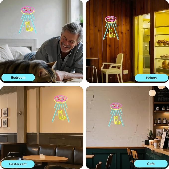 Donut UFO Cat Neon Sign, Dimmable, USB Powered, 5V/2A, 16.5"x10.6" Neon Light for Wall Decor, Donut Shop, Cat Lover, Donut Lover, Kids, Classroom, Bedroom, Cafe, UFO Fans