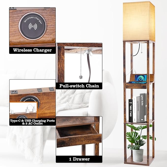 RUNTOP Floor Lamp with Shelves, Shelf Floor Lamp with Wireless Charger & 2 Charging USB Ports & Drawer, AC Outlet, 3 Color Temperature Tall Standing Lamp with Bulb for Living Room, Bedroom, Office