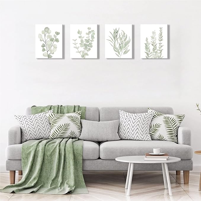 FRAMED Botanical Plant Canvas Wall Art,Boho Plant Wall Decor for Bedroom,Minimalist Floral Prints for Living Room,Light Green Botanical Art Painting for Office,Set of 4,8”x 10”