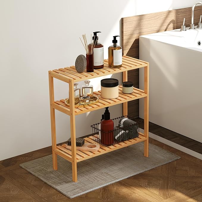kinbor Bamboo Rack Multifunctional Bathroom Kitchen Living Room Holder Plant Flower Stand Utility Storage Shelf (3-Tier)
