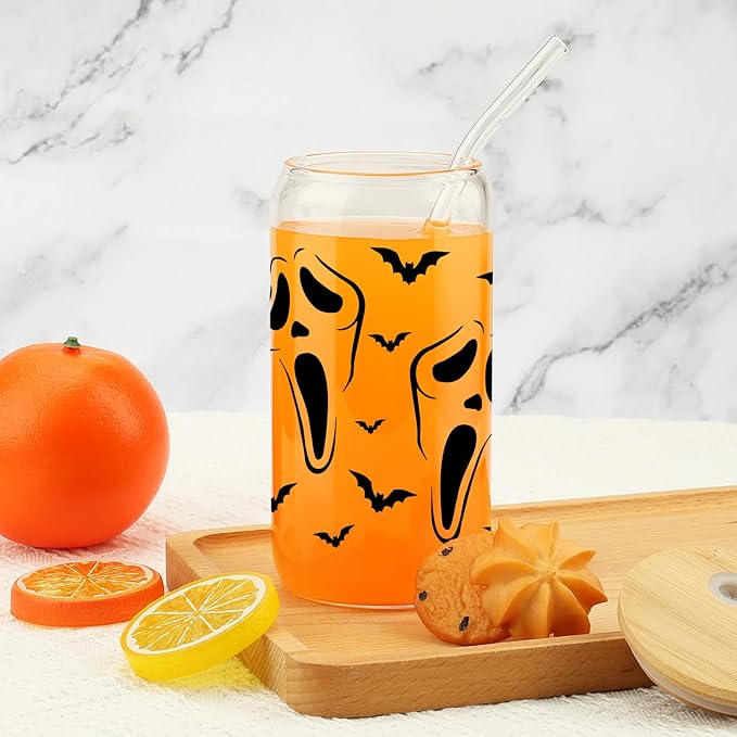 Gifts for Her, Halloween Friend Gifts, Fall Gifts, Halloween Coworker Ghost Bats Can Cup, Halloween Cup Gift for Family, Iced Coffee Cup, Spooky Season Mug, 16 Oz Glass Cup with Bamboo Lid & Straw
