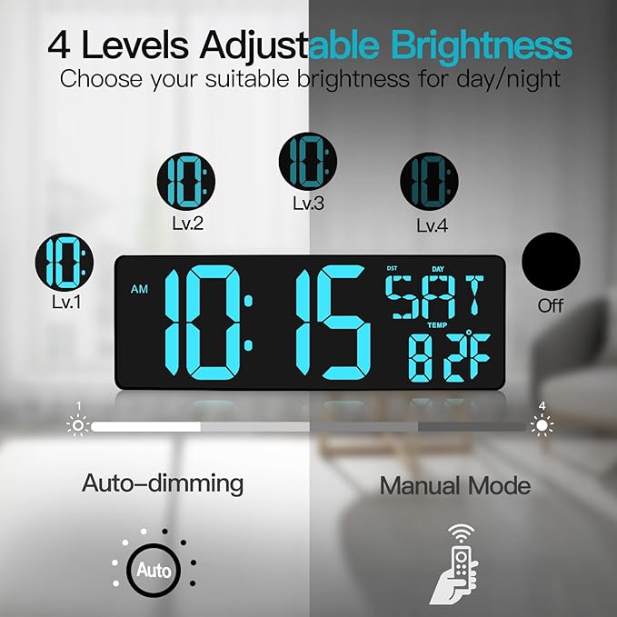 XREXS 17.2" Large Digital Wall Clock Bluetooth Sync Time, Precise Atomic Clocks with Remote Control, Adjustable Dimmer Grandfather Clock, Temperature Clock for Bedroom, Desk Alarm Clock for Teens