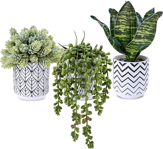 Winlyn Set of 3 Artificial Potted Succulent Plants Faux Snake Plant Hops String of Pearls in Black White Geometric Planter Small Fake Desk Plants for Kitchen Bathroom Shelf Desk Table Windowsill Decor