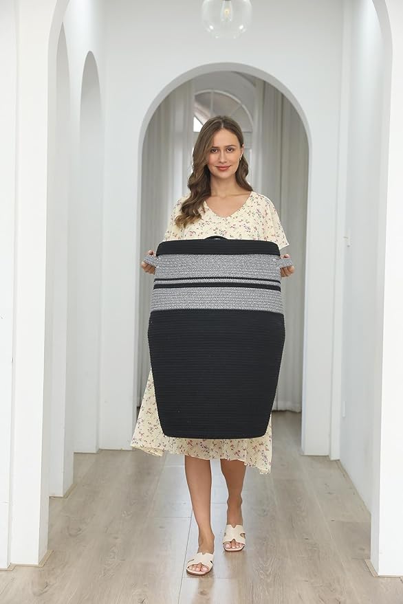 26" x 20" Tall Extra Large Storage Basket with Lid, Cotton Rope Storage Baskets, Woven Laundry Hamper with Cover, for Clothes Blanket in Living Room, Grey Mix/Black