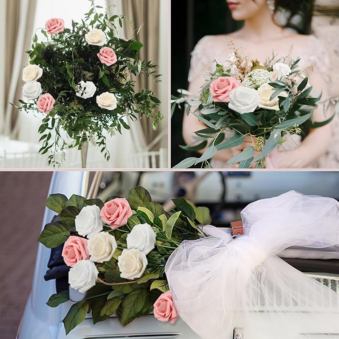 200PCS Artificial Flowers Champagne Mixed Series Roses Real Looking Foam Fake Roses with Leaves for DIY Wedding Bouquets Bridal Shower Centerpieces Party Decorations