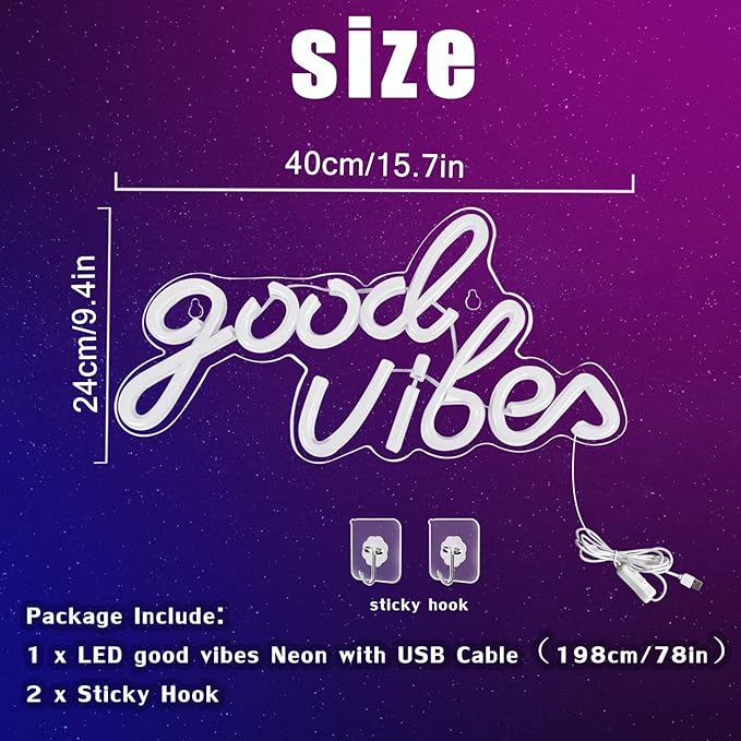 Good Vibes Neon Sign, LED Neon Signs for Wall Decor, Pink Neon Lights for Bedroom & Party Art Decor, USB Powered Bright Neon Light for Lover, Friends