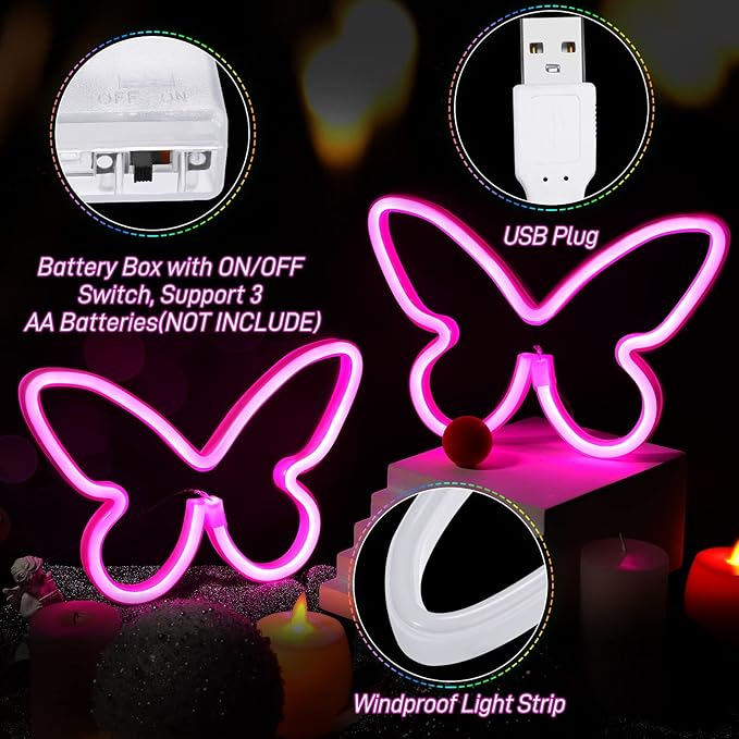 Riakrum 2 Pcs Butterfly Neon Signs LED Light 3AA Battery Powered USB Operated Wall Neon Light Decor Butterfly Wall Art for Christmas Home Bedroom Birthday Party Decor(Pink)