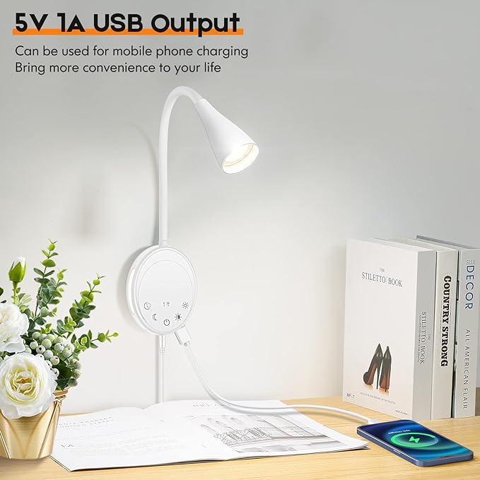 LED Wall Mount Reading Light, Bedside Reading Lights with Touch Control, 5 Dimmable, USB Output, Night Light & Timers, Flexible Gooseneck Headboard Bed Lights Wall Sconce (White-2P)