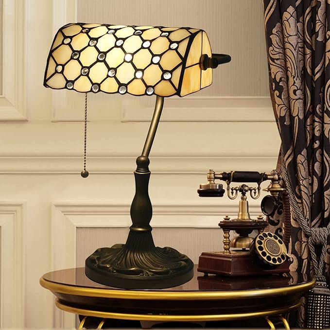 Tiffany Style Bankers Table Lamp Stained Glass Piano Desk Lamp Vintage Bedroom Bedside Lamp for Study,Antique Alloy Base,Zipper Switch,Beige