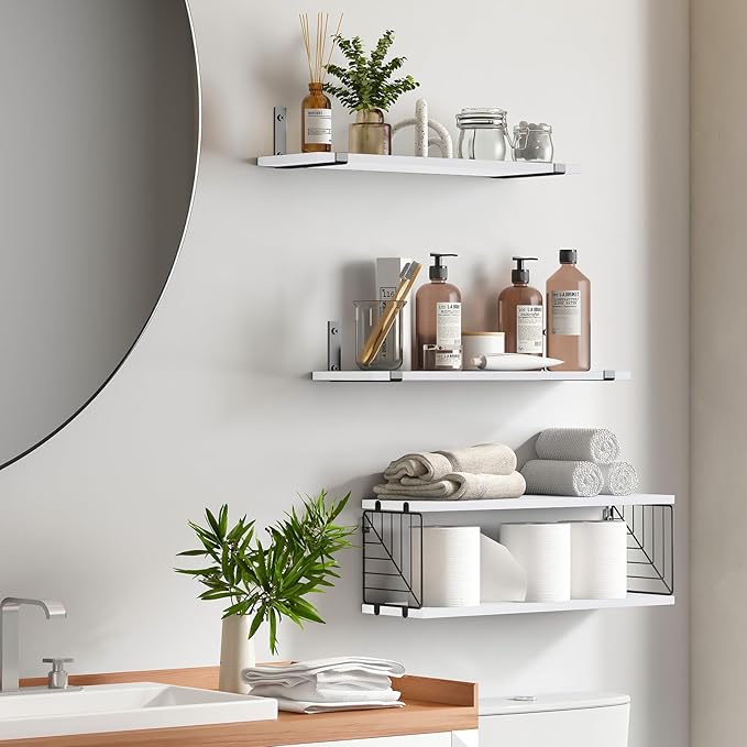Fixwal 3+1 Tier Bathroom Floating Shelves Over Toilet, 15.8in Farmhouse Rustic Wood Shelves, Wall Decor for Bathroom, Living Room,Bedroom and Kitchen (White)