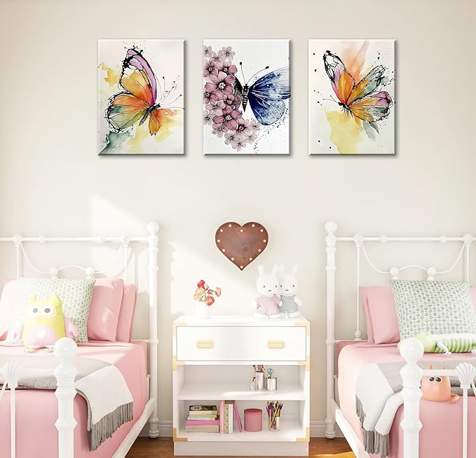JiazuGo Butterfly Wall Decor - Colorful Butterfly Canvas Wall Art for Girls Bedroom Modren Butterflies Nursery Decor Posters Artwork Bathroom Home Decorations 12" X 16" X 3 Pieces