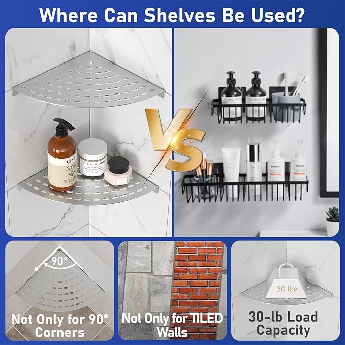 2 Pack Corner Shower Shelves 304 Stainless Steel Shower Corner Shelf Brushed Nickel Bathroom 8 in Prevent Rust Drilling Installation
