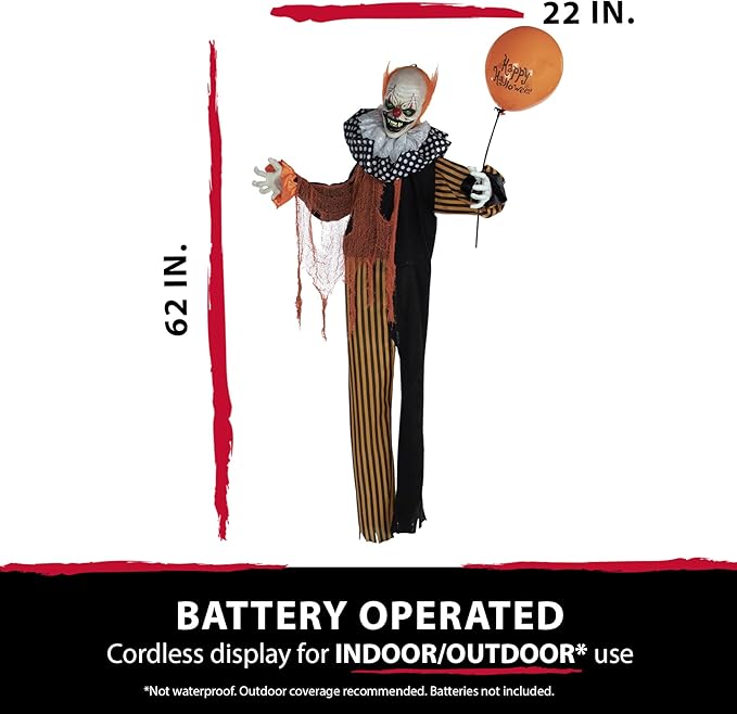 Haunted Hill Farm Life-Size Scary Talking Clown, Halloween Animatronic with Motion and Touch Activated Lights and Sounds, Battery Operated Indoor or Covered Outdoor Halloween Decorations