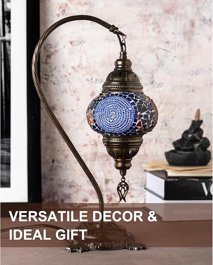 Kafthan Turkish Moroccan Mosaic Lamp – Handmade Glass Swan Neck Bedside Lamp with Antique Brass Base, Ideal Decor for Bedroom, Office, Living Room – Bulb Included (Red&Navy Central Circles)