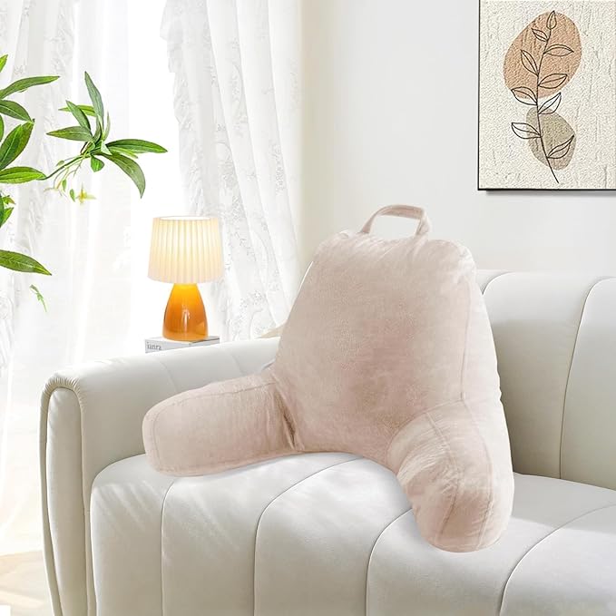 Sasttie Reading Pillow for Sitting in Bed Adult, Velvet Back Pillow for Bed Sitting Up, Backrest Back Support Chair Pillow, College Dorm Essentials for Girls and Boys, Beige
