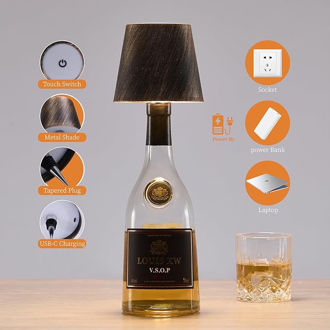 Rechargeable Bottle Lamp, LED Wine Bottle Light Ambient Light for Desk Table Bar Decor, Bottle Lamp Shade for Whiskey Wine Liquor Bottle, Brushed Copper
