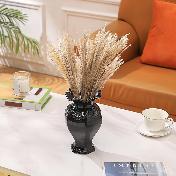 Black Ceramic Vase, Decorative Vase for Modern Home Decor, Farmhouse Minimalist Decor, Boho Flower Vases for Living Room, Bedroom, Kitchen, Dining Table, Office, Wedding, 8.5 Inches