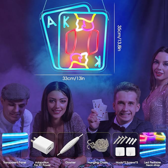 Porker Neon sign Play Cards Led Neon Lights Neon Signs for Bedroom Led Sign USB Powered Neon Signs for Wall Decor Dimmable for Christmas Casino Thanksgiving Birthday Party Girls Gifts