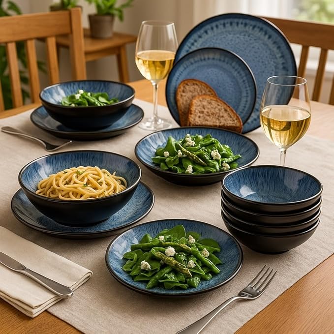 Tudor 6-Piece Dinnerware Set,Service for 2,Blue, Reactive Glaze Dish Set, Plates and Bowls Set,Premium Quality Tableware, Unique Pattern, Glossy