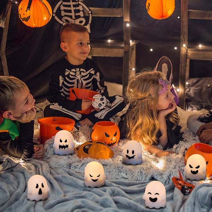 DRomance Ghost Flickering Flameless Candles Battery Operated with Remote and Timer 6 Pack Spooky White LED Tea Lights Candles Dimmable Light Halloween Indoor Decoration Gifts(2 x 2.4 Inches)