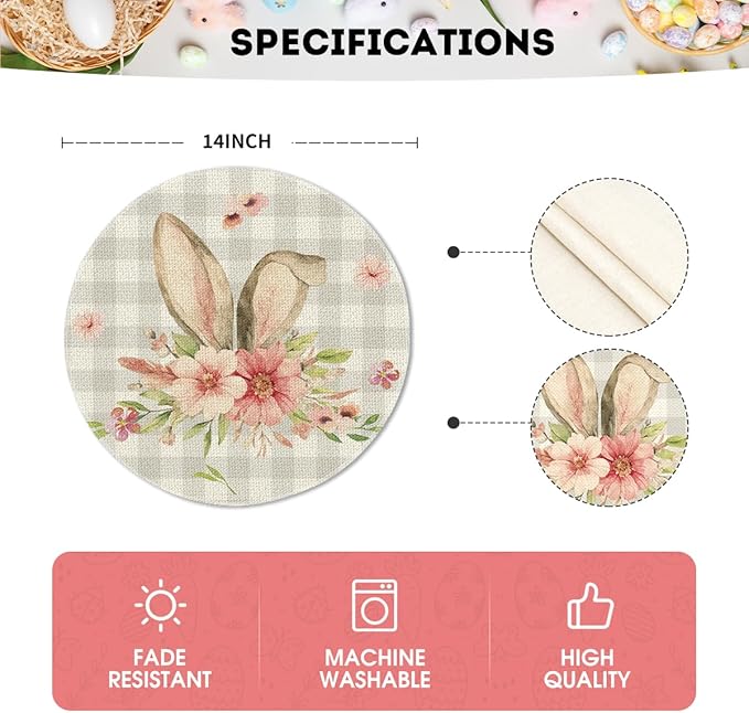 Artoid Mode Bunny Rabbit Ears Buffalo Plaid Flower Easter Round Placemats Set of 4, 15 Inch Spring Table Mats for Party Kitchen Dining Decoration