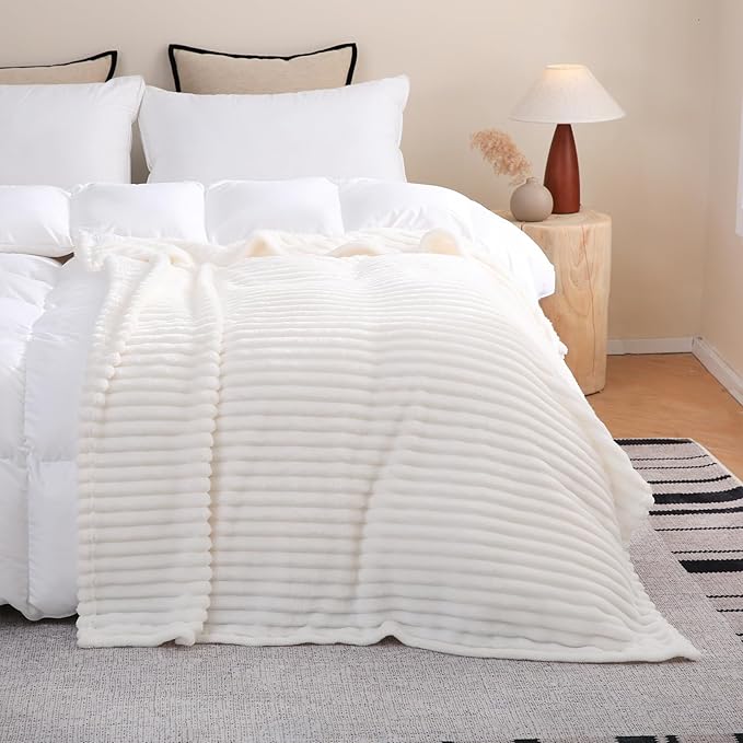 Cream White Fleece Throw Blanket 90”×90” for Couch Sofa Bed,Super Soft Cozy Plush Microfiber Flannel Blanket with Stripes Design Lightweight for Adults,Woman,Girls