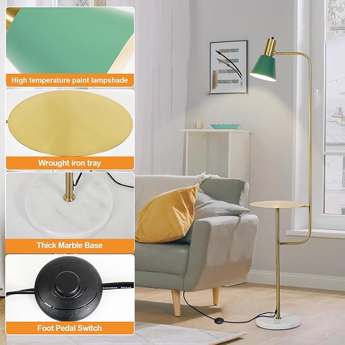 Hsyile Contemporary Modern Creative Floor Lamp with a Table,Suitable for Living Room,Den,Office,Bedroom - Standing Lamp Tall Floor Lamp - Brushed Brass Finish and Green Lampshade