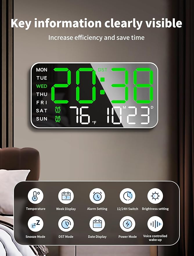 MASHI 8.4''Large Digital Wall Clock, Led Alarm Clock with Big Digits, Date, Temperature, DST, Modern Decor Design for Desk,5-Level Brightness for Room, Bedroom, Gift, Yougster and Elderly