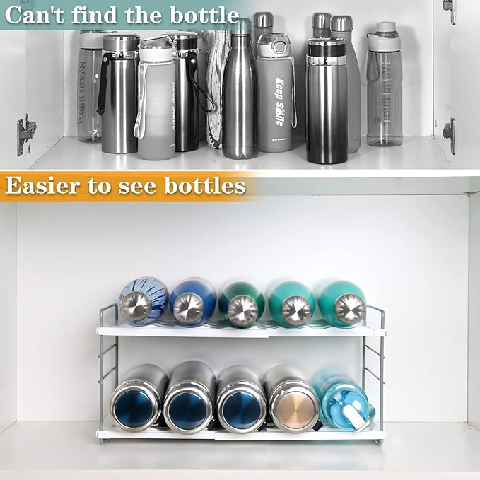 Water Bottle Organizer For Cabinet, Adjustable Tumbler Storage, Expandable Water Bottle Holder For Kitchen Organization, 2 Tier Cup Organizer For Sports Flask Insulated Travel Mug Fridge, White