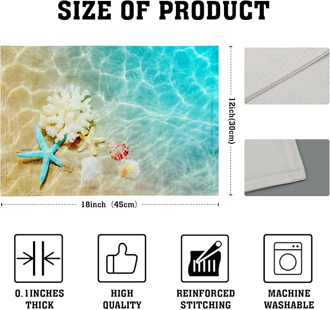 Giwawa Ocean Starfish Placemats Set of 4, Nautical Seashell Coral Coastal Linen Table Place Mats for Kitchen Dining Summer Aquatic Life Decoration, Non-Slip Heat-Resistant Washable, 12" x 18"