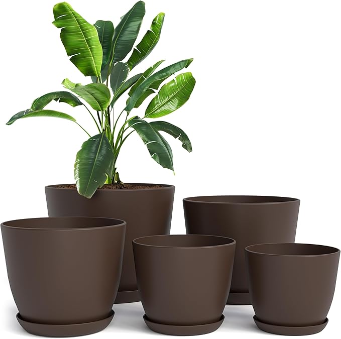 Utopia Home Plastic Planters - Flower Nursery Pots Indoor Modern Decorative Plastic Pots for Plants, Succulents, Flowers, and Cactus (5 Pack, Multisize, Brown)