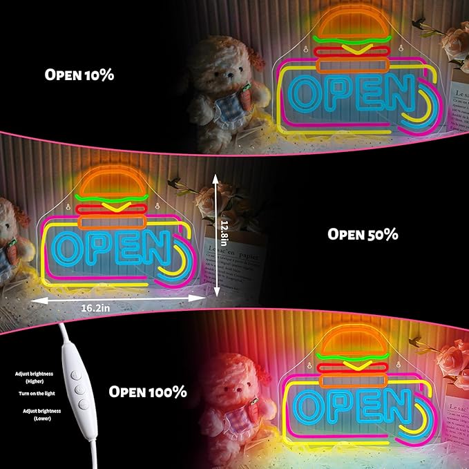 Lucunstar Hamburger Shop Open Neon Sign,Neon Sign for Wall Decor,USB Adjustable Brightness for Neon Lights for Hamburger Shop Led Business Sign Suitable for Fast Food shops Party Led Art Wall Hanging