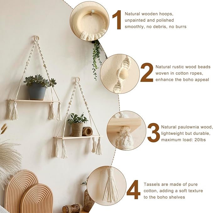 Artilady 2 Pack Wooden Wall Hanging Shelves - Boho Floating Shelves White Macrame Plant Shelf Adjustable Storage Rack Rustic Wall Decor for Bedroom Living Room Nursery