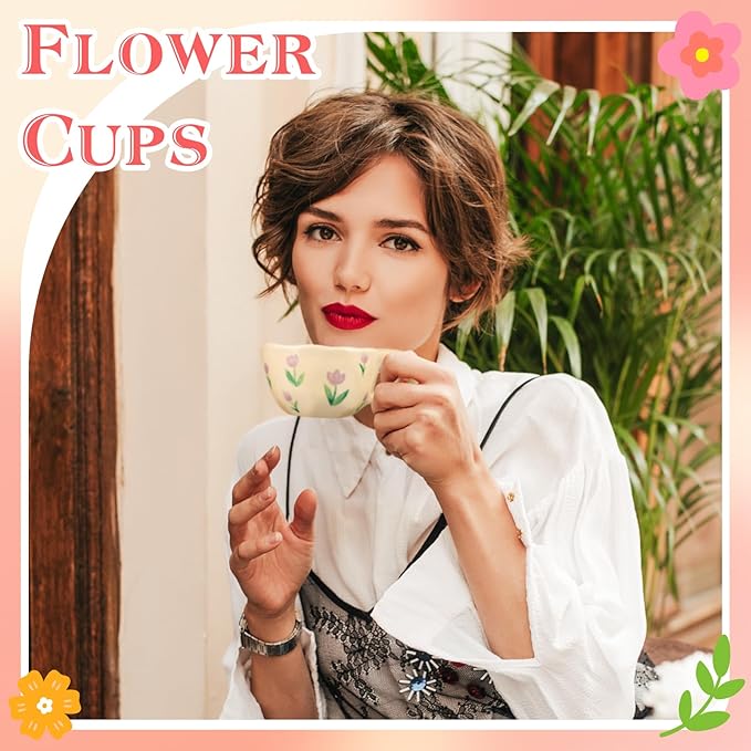 Ceramic Coffee Mug Vintage Flower Mugs 8 oz Cute Floral Coffee Mugs Irregular Latte Art Cup Lead-free Porcelain Cups for Cappuccino, Cocoa (Pink Cherry, Purple Tulips)