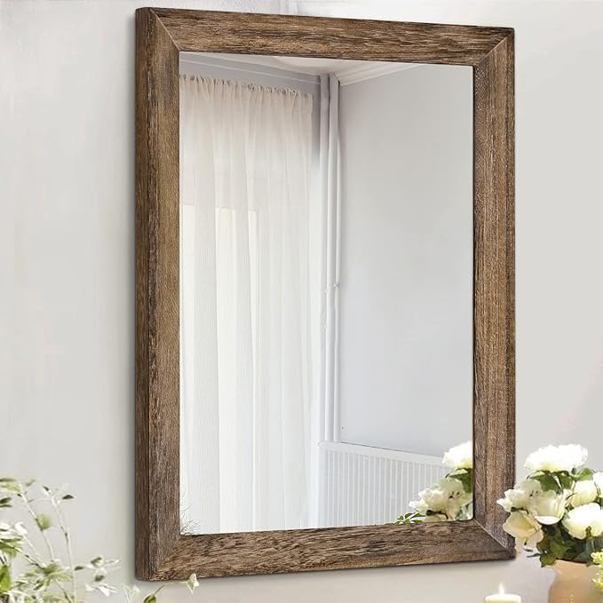 AAZZKANG Rustic Wood Mirror Rectangle Decorative Wall Mirrors with Frame Large 20"x16"for Bedroom Living Room Bathroom Entryway Hanging Brown