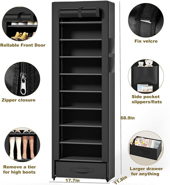 Shoes Rack 10 Tier Tall Shoe Rack Narrow Shoe Rack with Storage Box,Fabric Covered Metal Shoe Rack Organizer for Closets