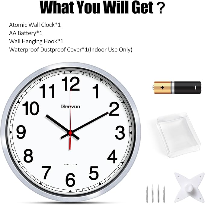 Geevon Atomic Wall Clock 14 Inch, Atomic Analog Wall Clocks Battery Operated, Large Digits Atomic Clock for/School/Classroom/Bedroom/Living Room/Office (Silver Frame)